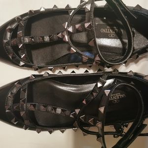 Authentic valentino black leather rockstud ankle strap caged ballet flats size 3